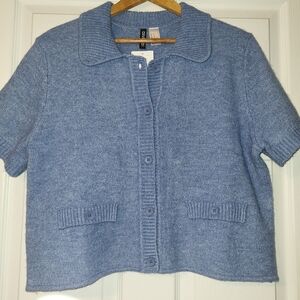 H&M Cardigan Top Women's Size XL Wool Blend Short Sleeve Blue‎